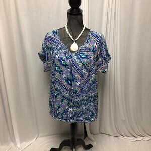 Fashion Bug Boho Top Womens Size 1X Blue Green Purple Lightweight Cotton Summer